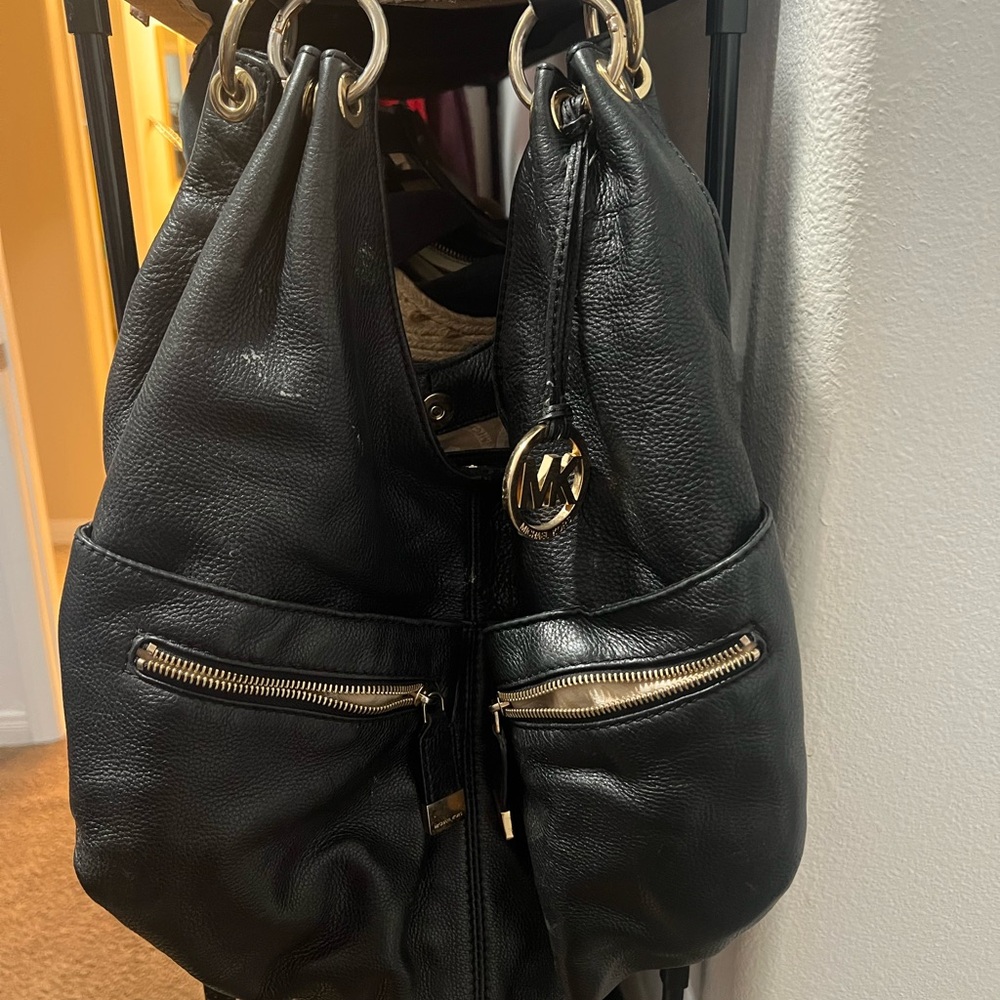 Michael Kors Black Leather Shoulder Bag with Gold Accents
